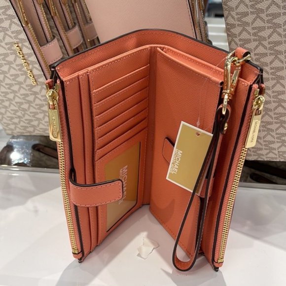 Michael Kors Jet Set Travel Leather Large Double Zip Wallet Wristlet Sherbert - Picture 8 of 16